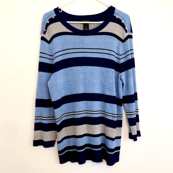 NEW NWT INVESTMENTS Plus Size Blue Light Blue Black Striped Crew Neck Sweater 1X - Picture 1 of 10